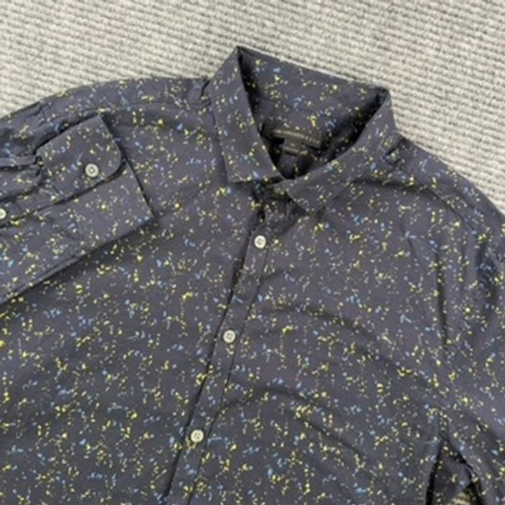 John Varvatos USA Button Up Shirt Mens Medium Navy Blue Yellow Paint Splatter